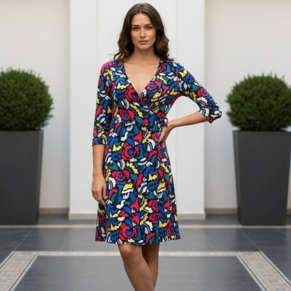Anne Klein S Dress Colorful Faux Wrap Sheath Art‎ Fitted Bodycon Geometric